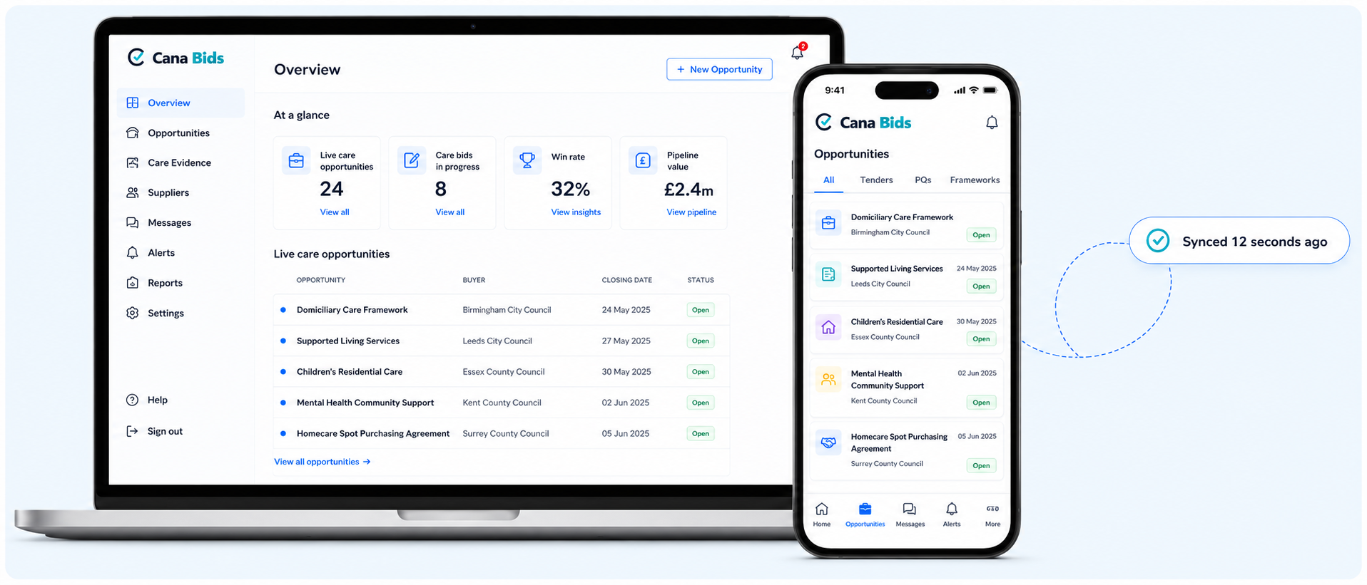 Cana Bids care tender dashboard on desktop and the mobile app, kept in sync in real time.